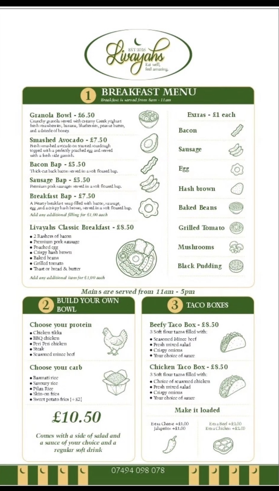 Livayahs printed menu page one: breakfast, build your own bowl and taco boxes