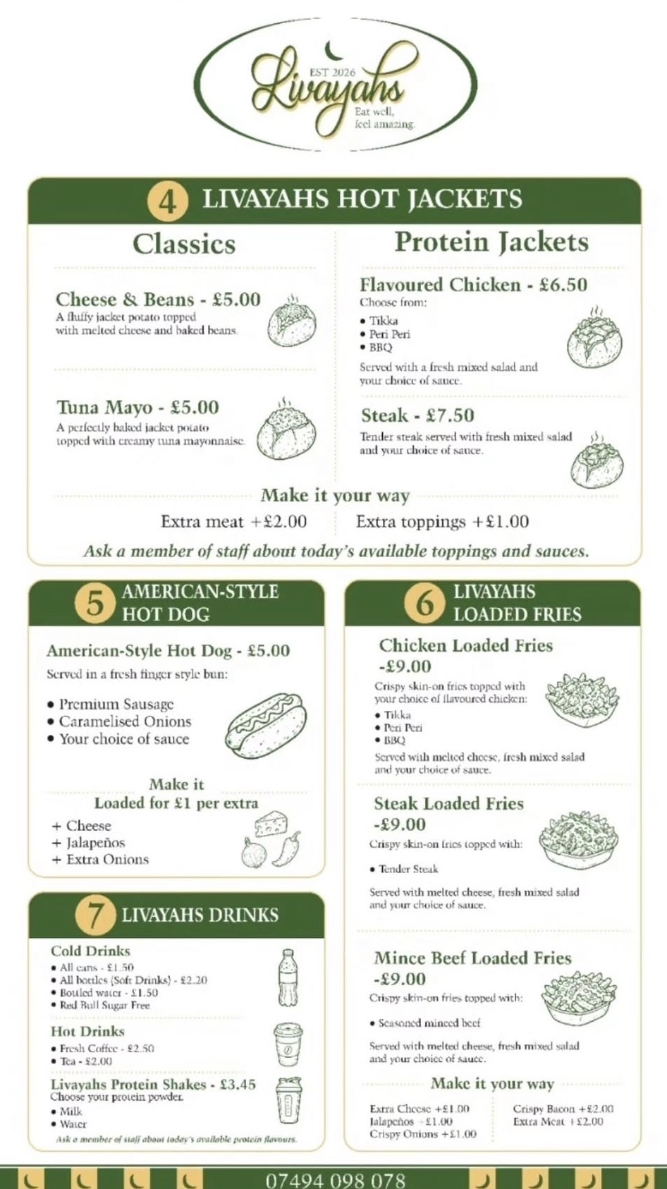 Livayahs printed menu page two: hot jackets, hot dogs, loaded fries and drinks